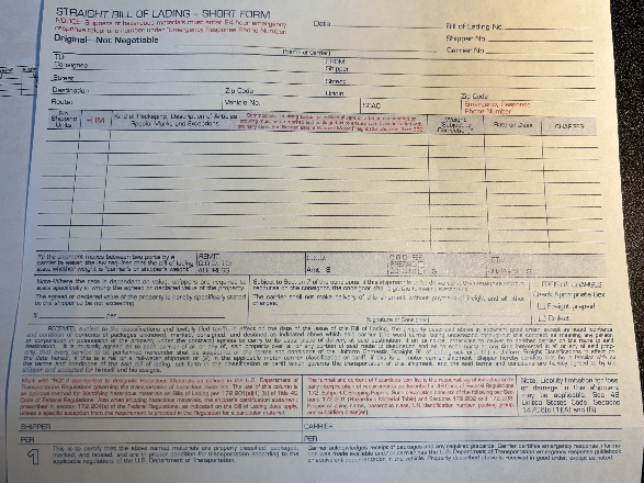 Specialty Laminates Bill of Lading document