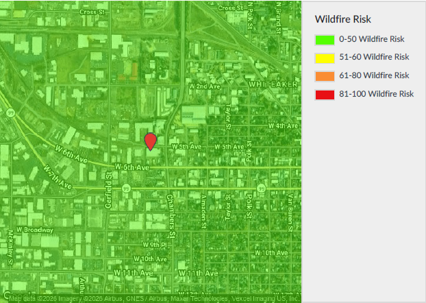 Wildfire hazard map centered on the site location