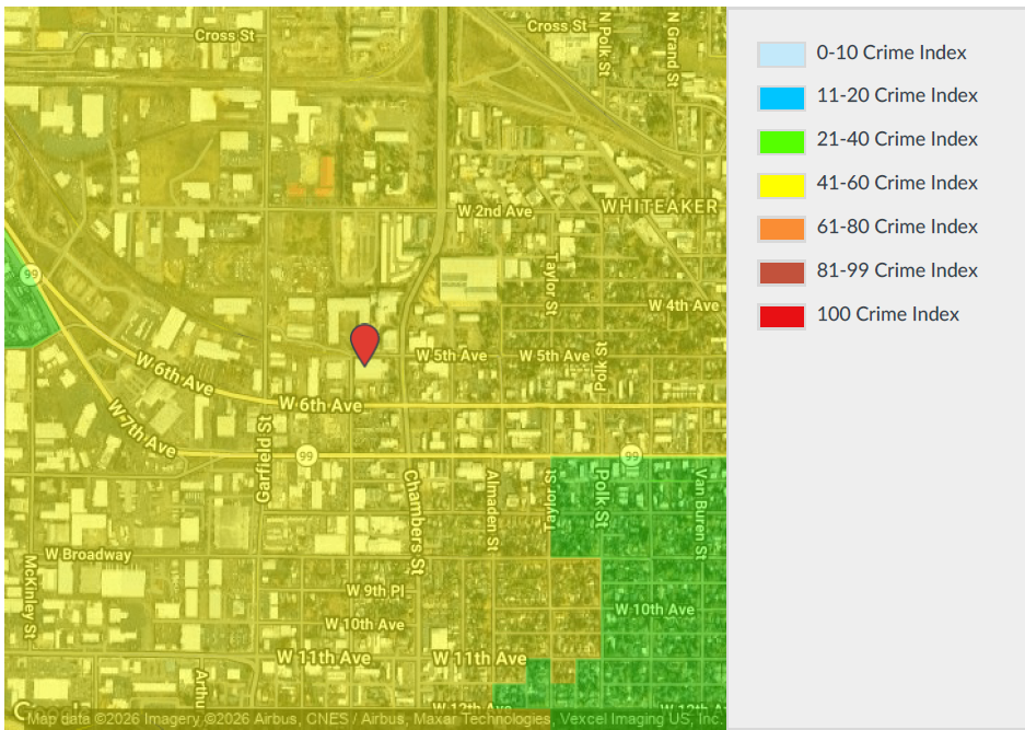 Crime index map centered on the site location