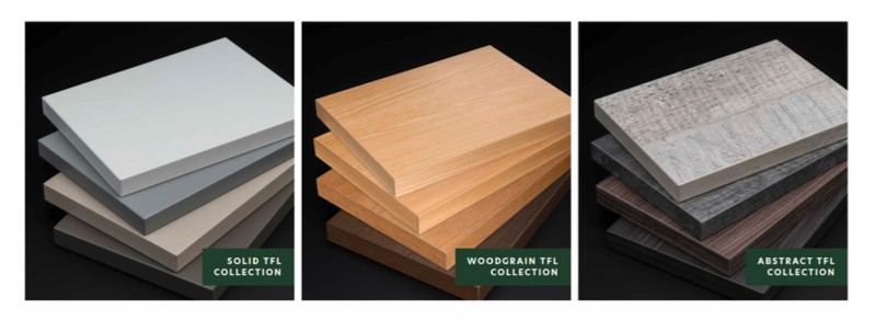Three stacks of thermally fused laminate panels labeled Solid TFL Collection, Woodgrain TFL Collection, and Abstract TFL Collection