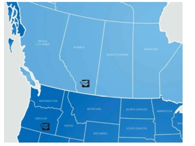 Service area map of the Pacific Northwest and western Canada with location markers in Oregon and southern Alberta